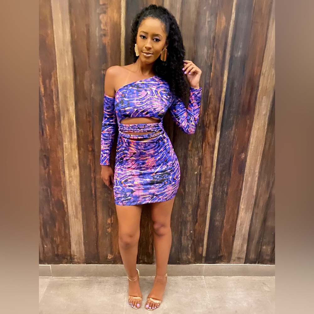 Fashion Nova Purple/ Multicolor Shoulder & Stomach Cutout Dress